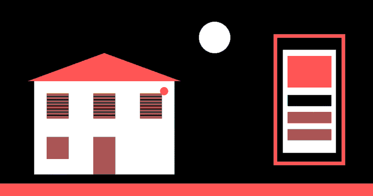 Ilustración de una casa de pueblo con persianas bajadas, un detector de alarma y un aviso en el móvil: cómo proteger una segunda residencia, VISAO ALARM