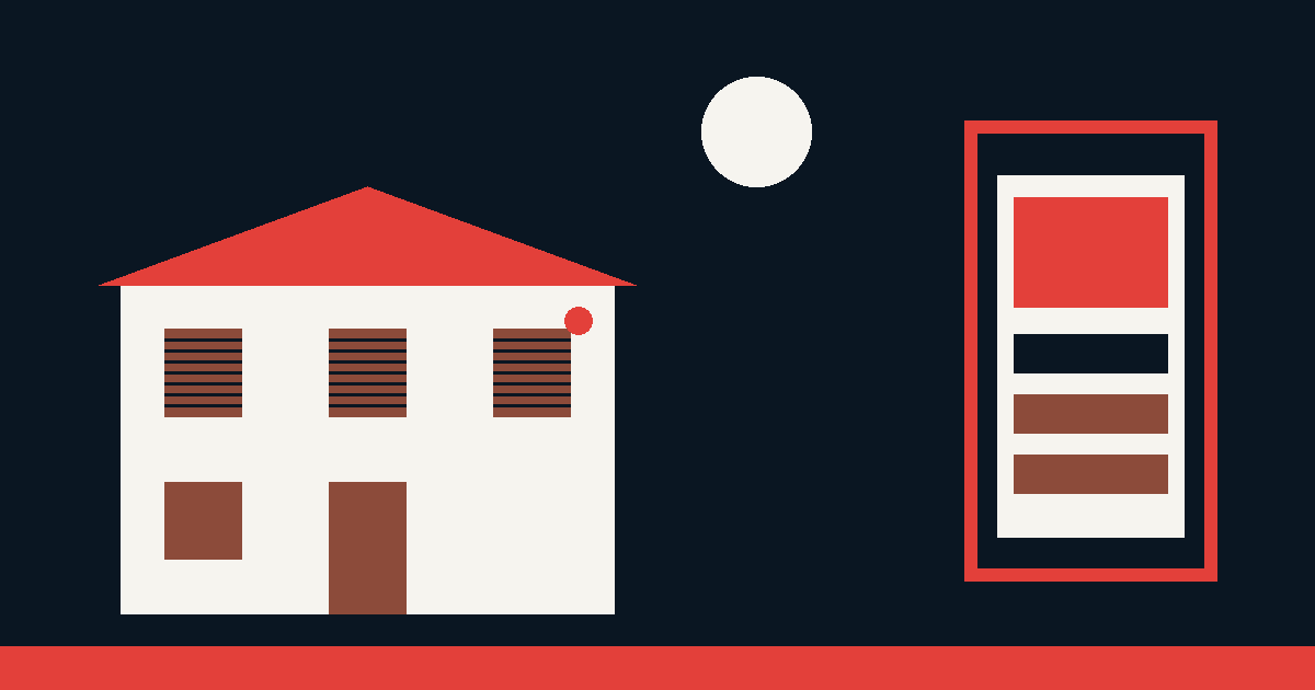 Ilustración de una casa de pueblo con persianas bajadas, un detector de alarma y un aviso en el móvil: cómo proteger una segunda residencia, VISAO ALARM
