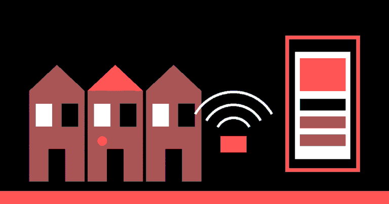 Illustration of English terraced houses with a wireless alarm detector and a phone alert: police response to alarms in England explained by VISAO ALARM