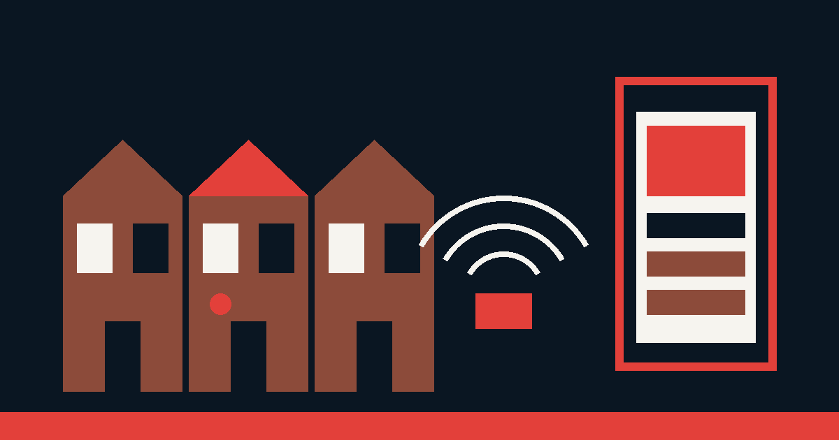 Illustration of English terraced houses with a wireless alarm detector and a phone alert: police response to alarms in England explained by VISAO ALARM