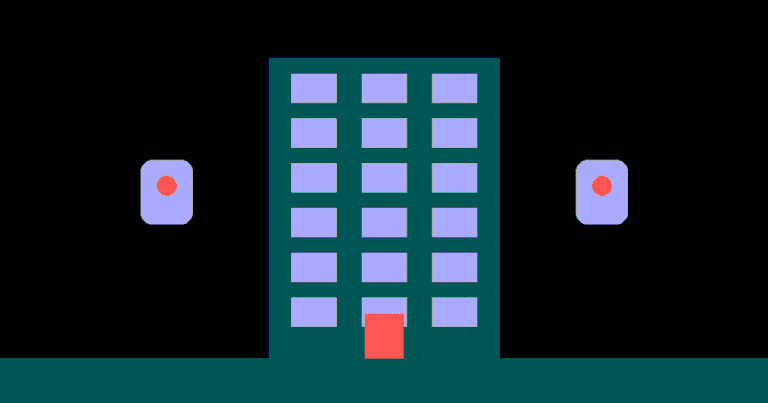 Ilustração de um prédio de apartamentos com detetores de alarme sem fios: que alarme escolher para um apartamento, VISAO ALARM