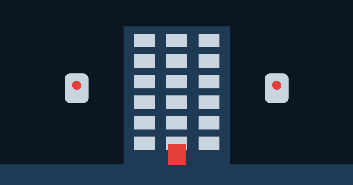 Ilustração de um prédio de apartamentos com detetores de alarme sem fios: que alarme escolher para um apartamento, VISAO ALARM